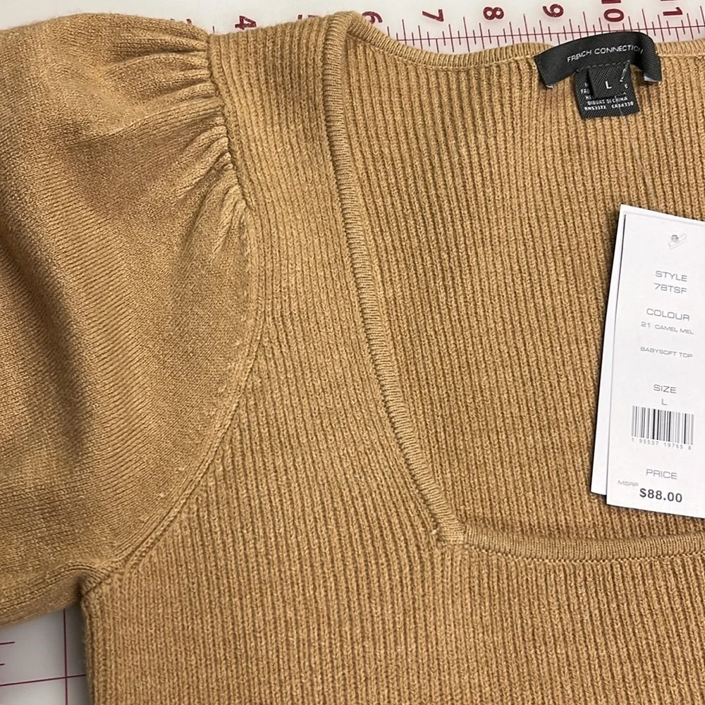 FRENCH CONNECTION NWT Milkmaid Boho Puff SLV SQ. Neck Mix Knit Camel Sweater L